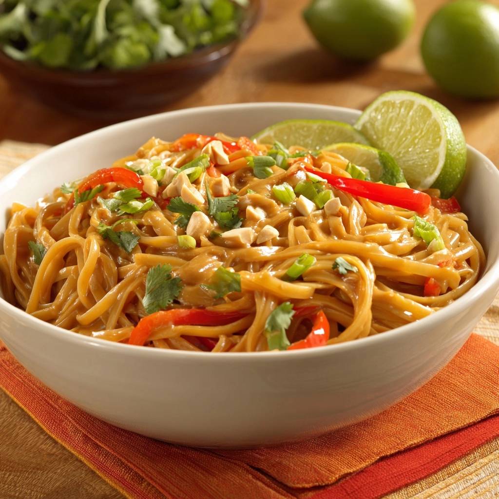 Creamy Thai peanut noodles in a white bowl, garnished with chopped peanuts, scallions, cilantro, and lime wedges.