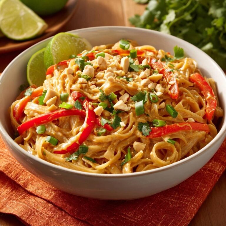 Creamy Thai peanut noodles served in a white bowl, garnished with peanuts, cilantro, and lime slices.