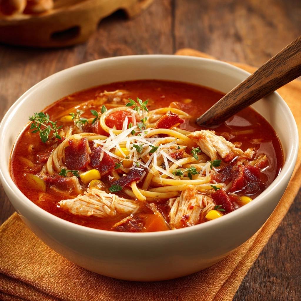 Hearty tomato chicken noodle soup is served in a bowl, close-up view, topped with fresh herbs and grated cheese.