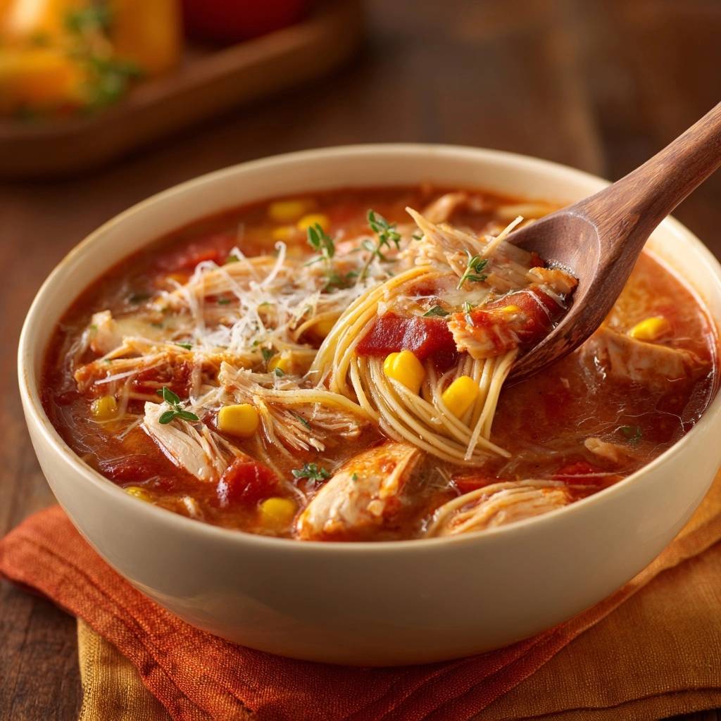 Hearty tomato chicken noodle soup with a spoonful of pasta, chicken, and corn being lifted.