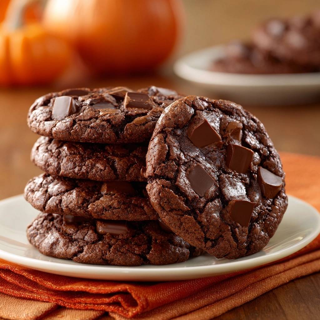 Triple chocolate chunk brownie cookies stacked high on a white plate, showcasing their rich texture and chocolate chunks.