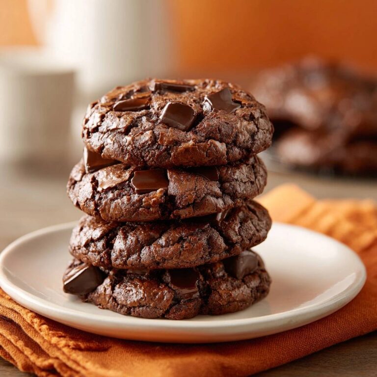 Triple chocolate chunk brownie cookies stacked on a white plate with an orange napkin.