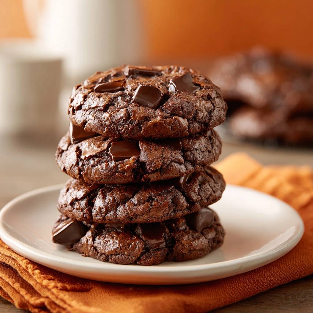 Triple chocolate chunk brownie cookies stacked on a white plate with an orange napkin.