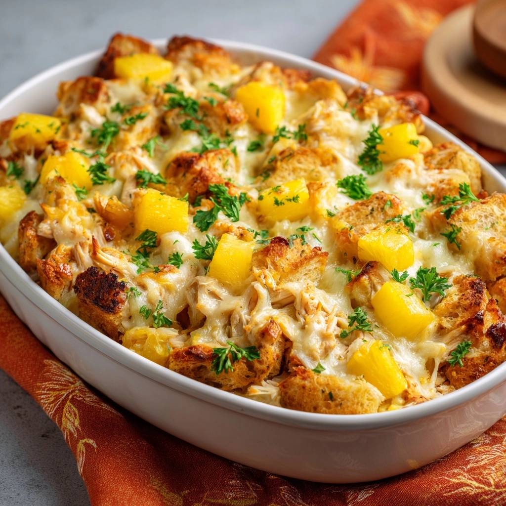 Tropical chicken and pineapple bread pudding shown close-up in a white baking dish, garnished with parsley.