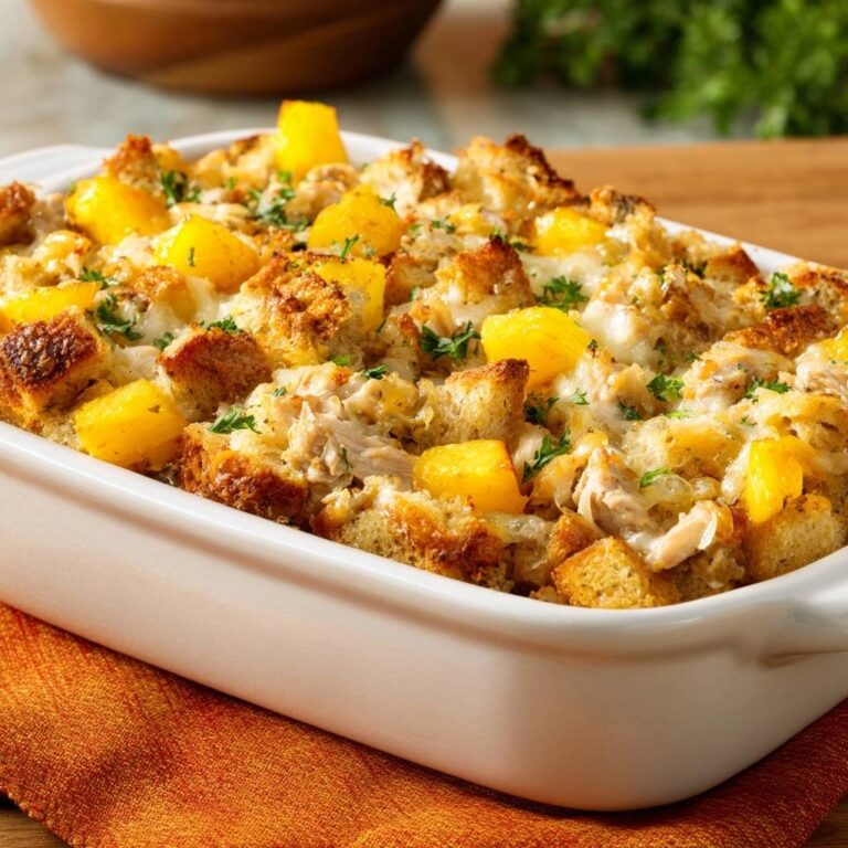 Tropical chicken and pineapple bread pudding, a close-up view of the golden-brown dish in a white baking dish.