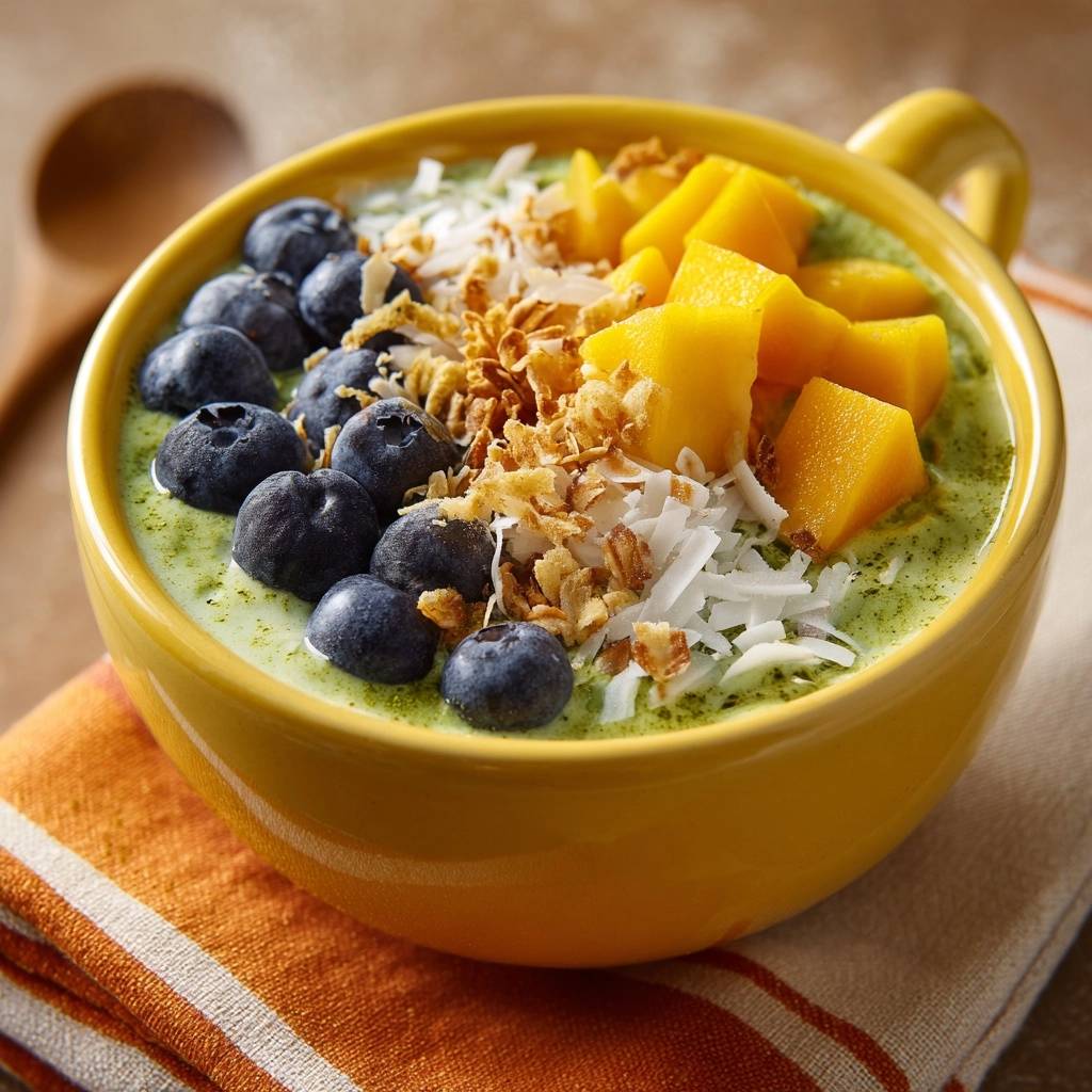 Tropical green smoothie bowl featuring blueberries, mango, coconut, and granola, presented in a yellow bowl.