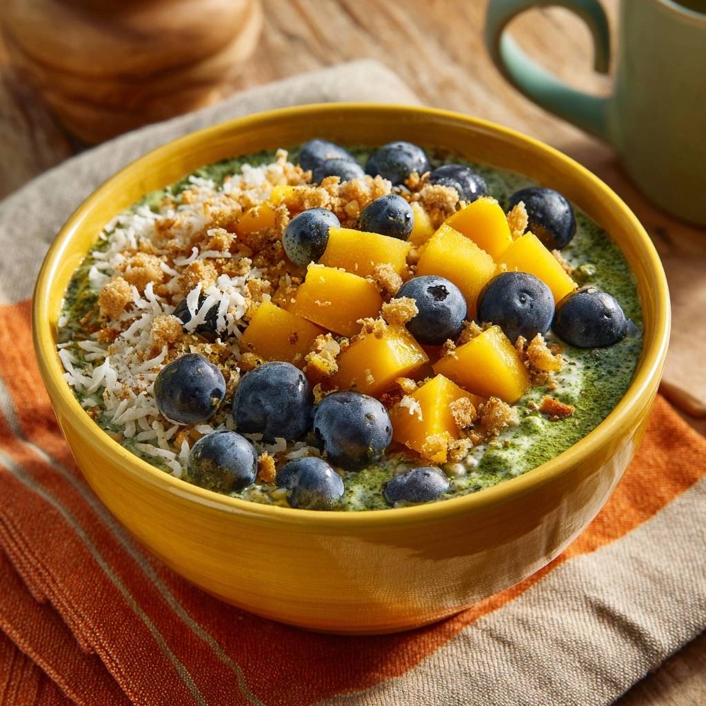 Tropical green smoothie bowl topped with blueberries, mango chunks, shredded coconut, and crumble.