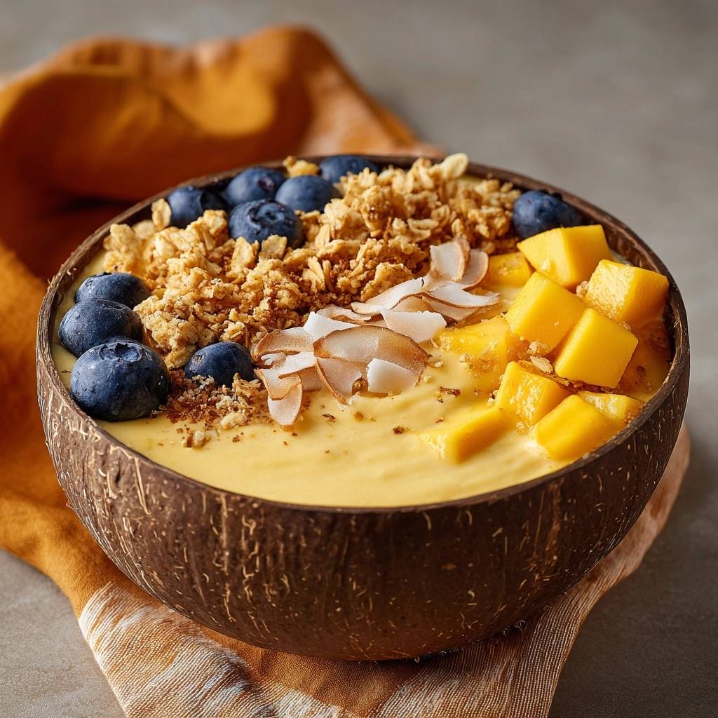 Tropical mango smoothie bowl in a coconut shell, topped with blueberries, granola, and coconut flakes.