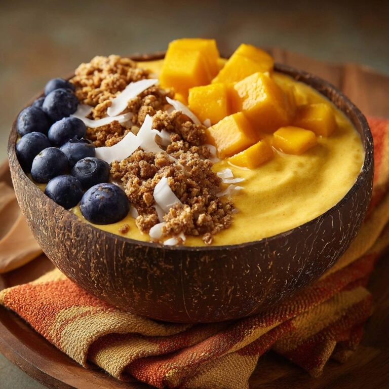 Tropical mango smoothie bowl served in a coconut bowl, topped with blueberries, granola, and coconut flakes.