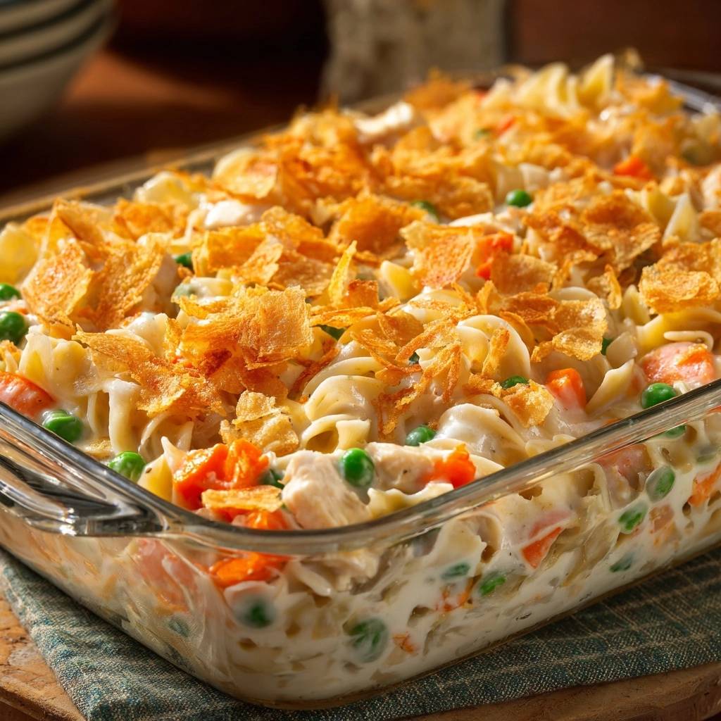 The ultimate creamy tuna noodle casserole topped with a close-up view of crispy fried onions and pasta.