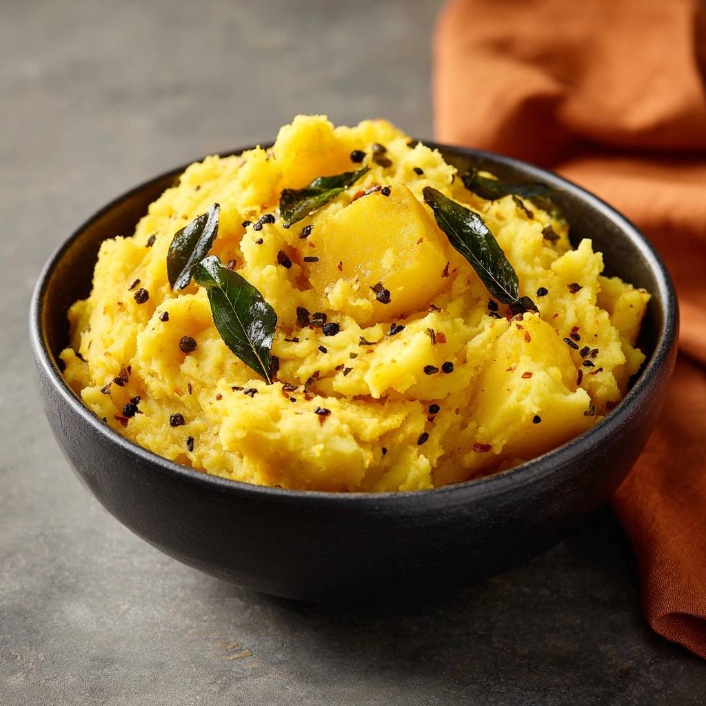 Turmeric spiced mashed potatoes with curry leaves and black peppercorn garnish in a dark bowl.