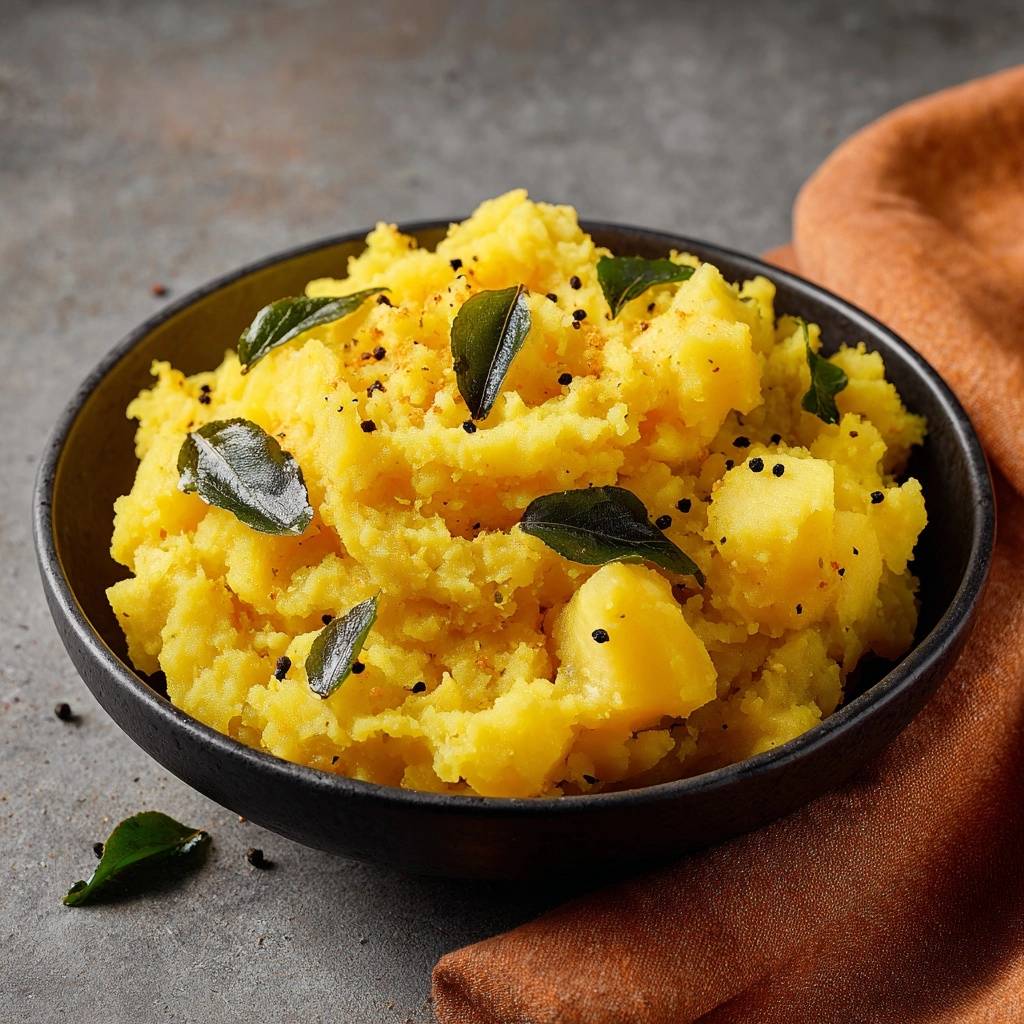 Turmeric spiced mashed potatoes with curry leaves and pepper in a dark bowl, detailed close-up.