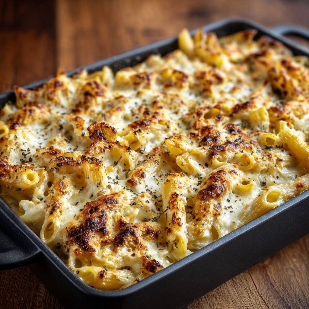 Ultra creamy baked penne featuring a close-up view of bubbling, browned cheese topping in a black baking dish.