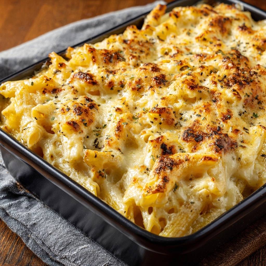 Ultra creamy baked penne with a golden brown cheesy topping sprinkled with herbs, presented in a black baking dish.