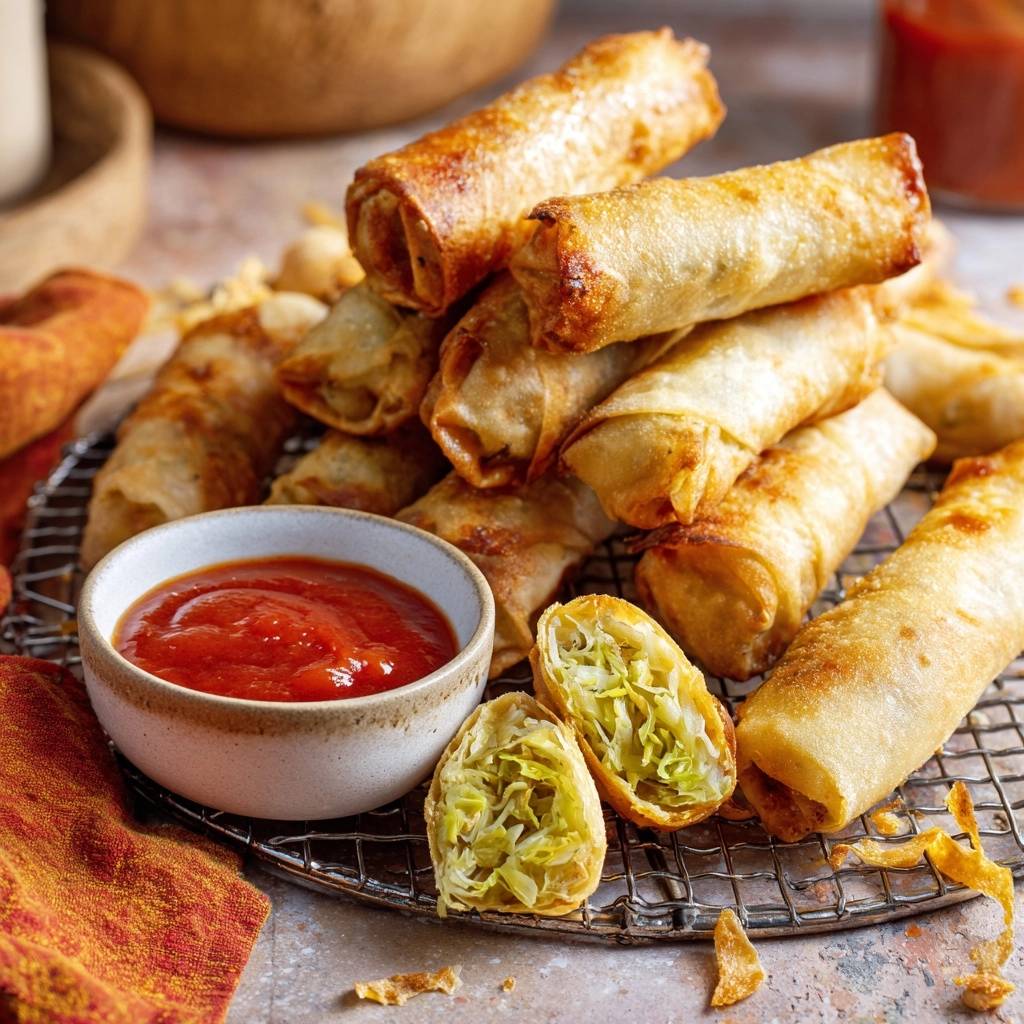 Vegetable spring rolls with a cross-section showing the filling, served with a dipping sauce.