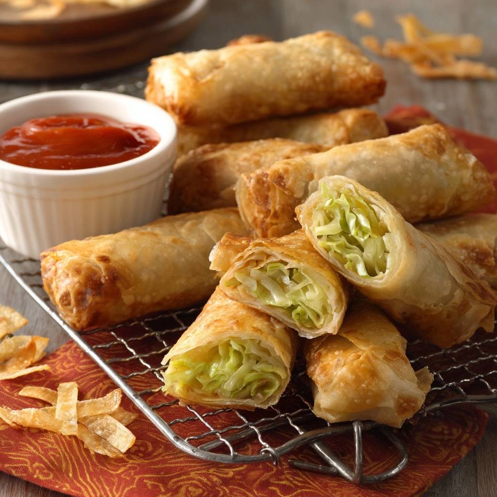 Golden crispy vegetable spring rolls shown with a close-up cross-section revealing the filling, served with ketchup.