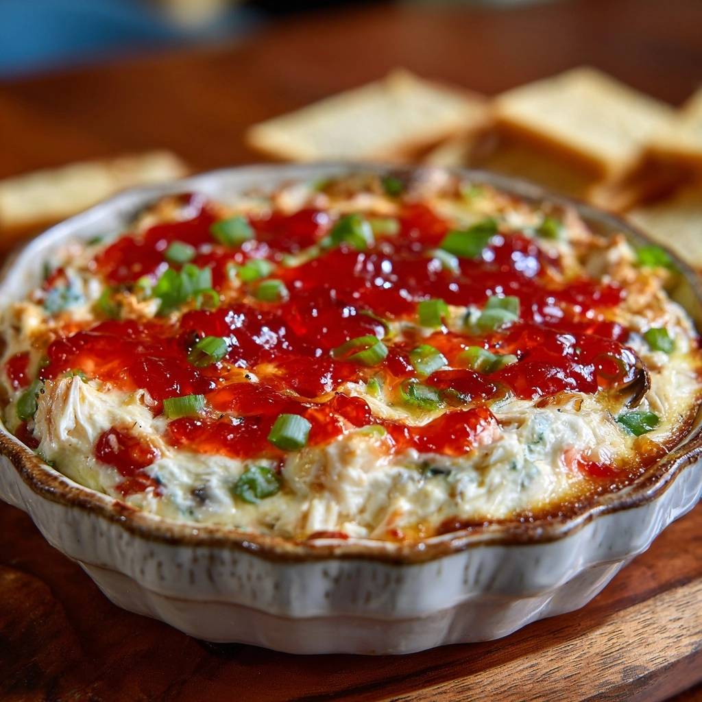 Warm pepper jelly cream cheese dip topped with red jelly and green scallions, served in a rustic dish.