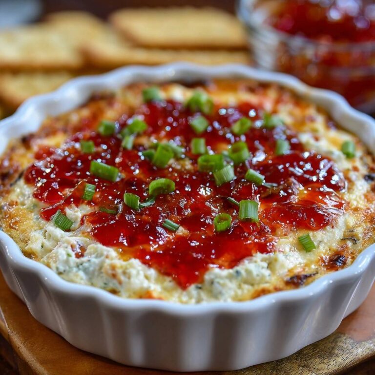 Warm pepper jelly cream cheese dip topped with chopped green onions and glistening jelly.
