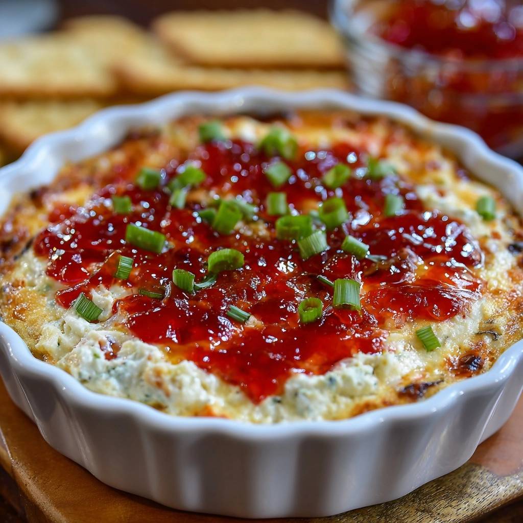 Warm pepper jelly cream cheese dip topped with chopped green onions and glistening jelly.