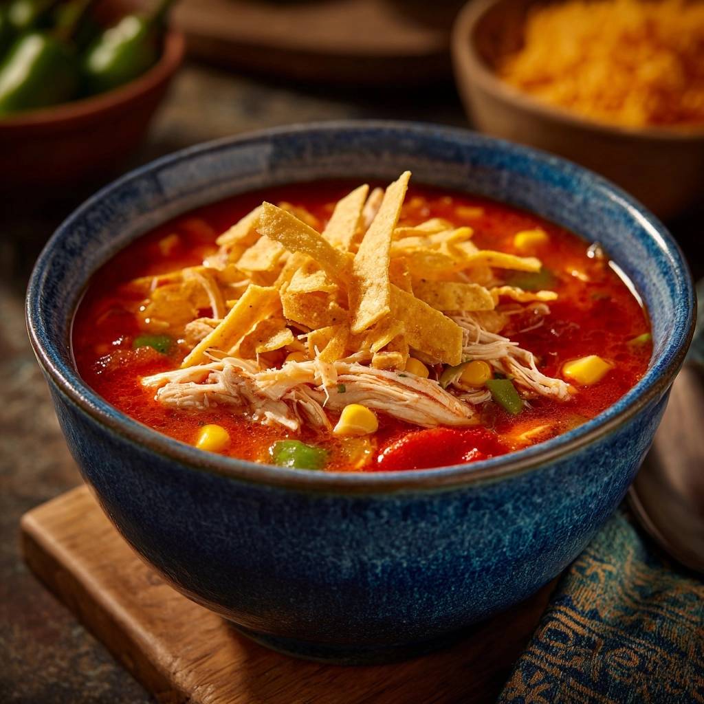 Zesty shredded chicken tortilla soup garnished with crispy tortilla strips in a blue bowl, showcasing its rich broth and ingredients.