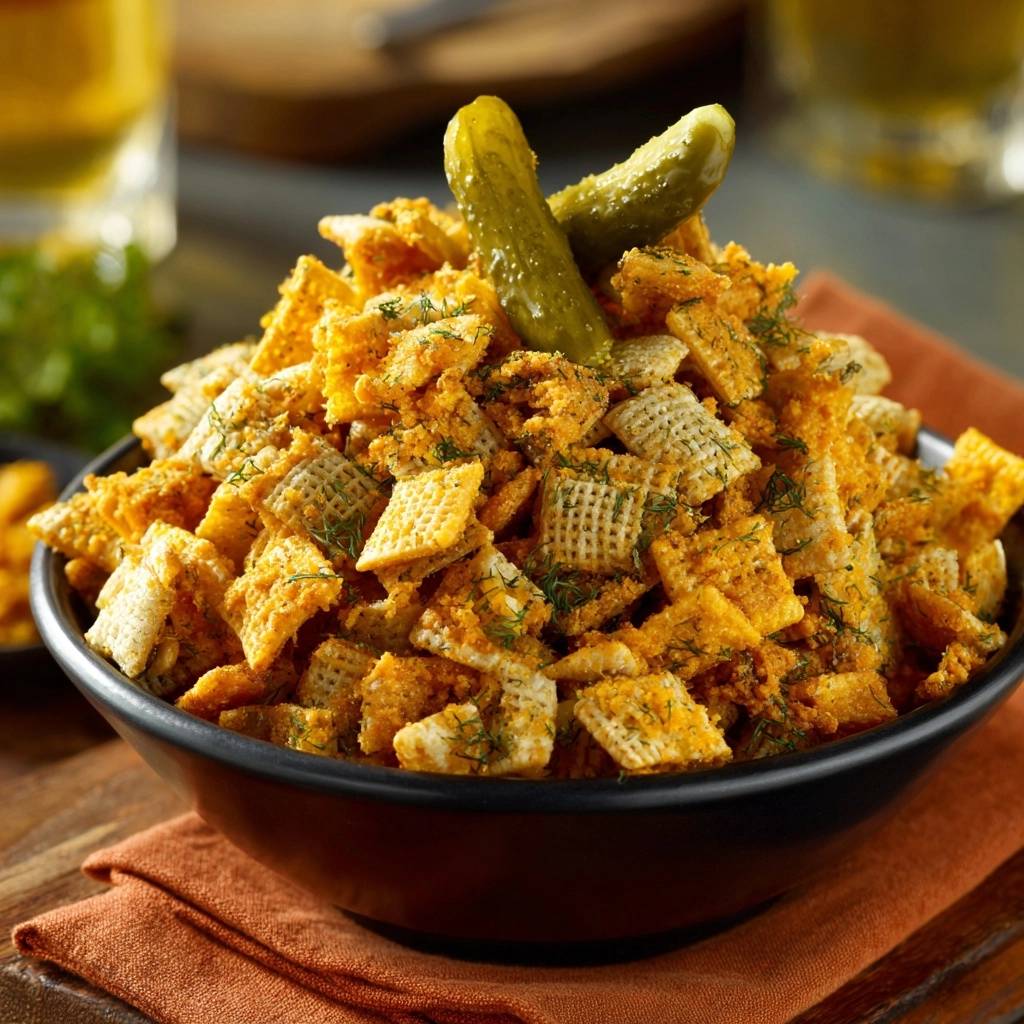 Zesty dill pickle snack mix in a bowl, topped with two whole dill pickles and fresh dill.