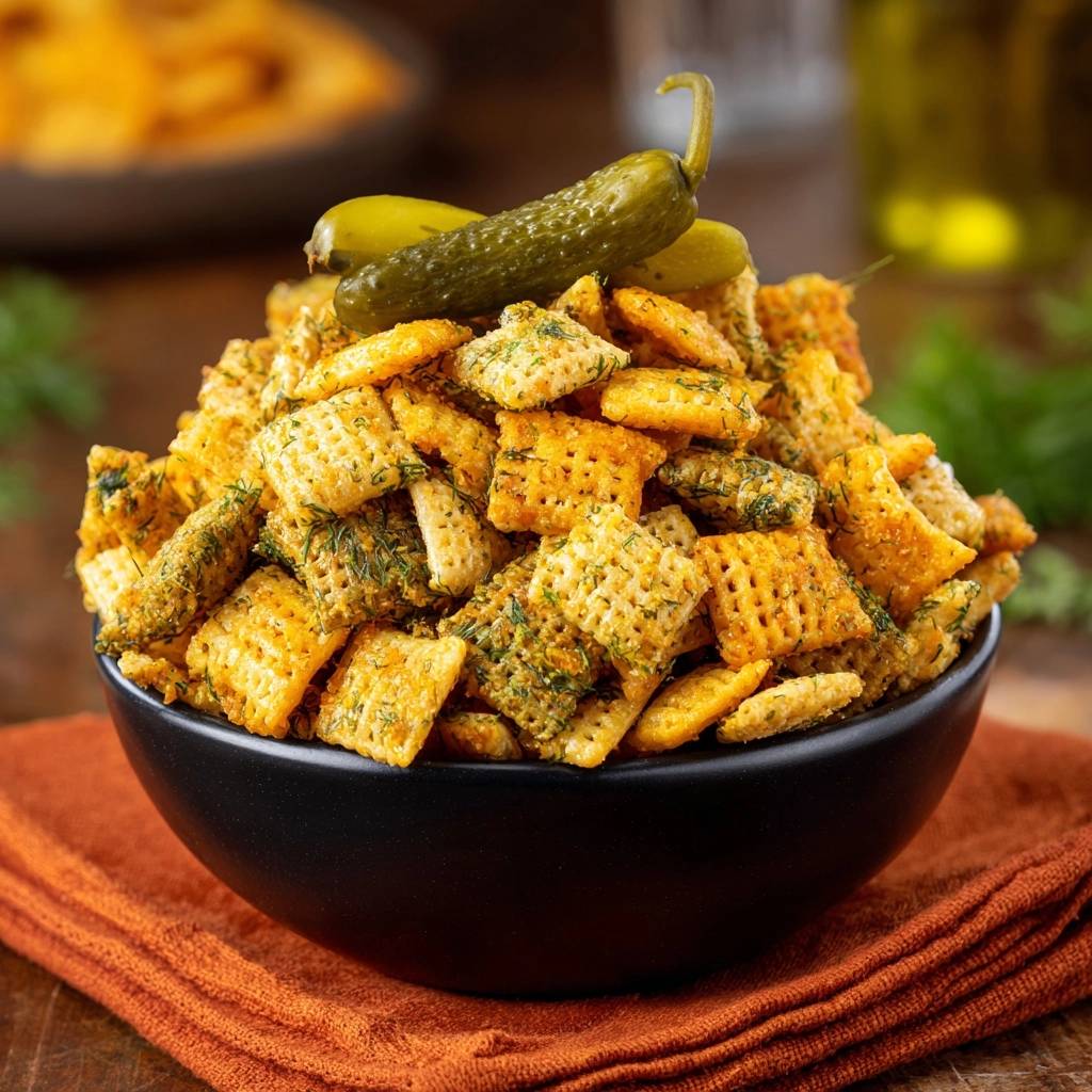 Zesty dill pickle snack mix piled high in a black bowl, garnished with two whole dill pickles.