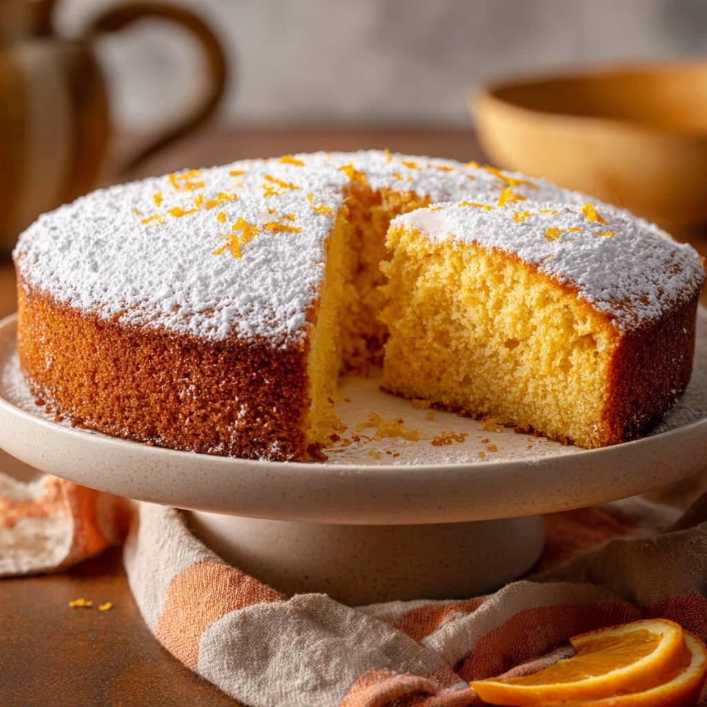 The ultimate zesty orange sponge cake dusted with powdered sugar, with a slice revealing its tender crumb.