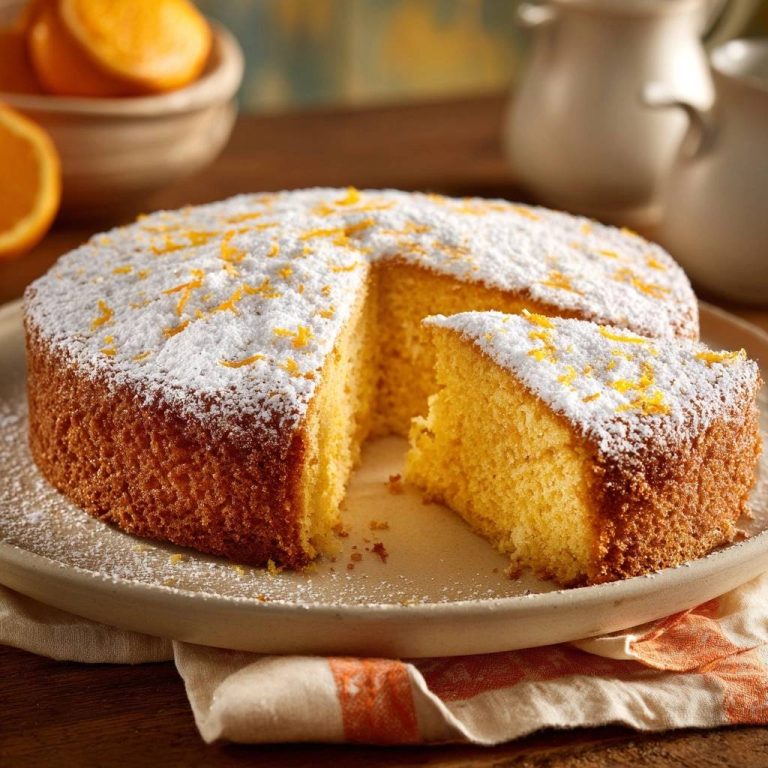 Zesty orange sponge cake, dusted with powdered sugar and orange zest, with a slice cut out on a plate.