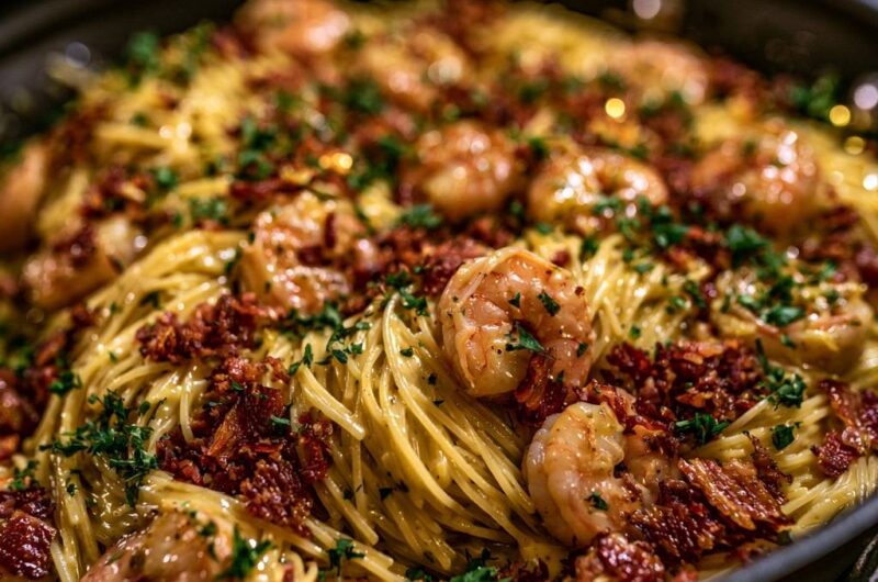 Creamy Garlic Shrimp Pasta with Crispy Bacon
