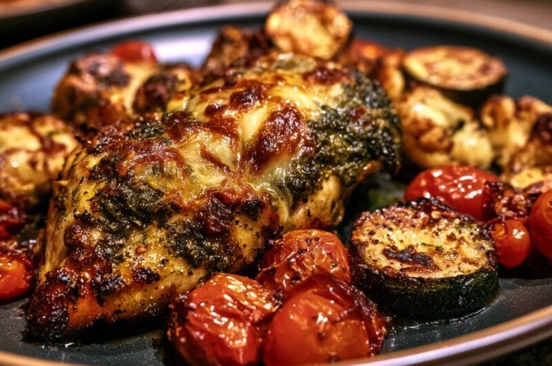 Pesto Mozzarella Roasted Chicken and Vegetables