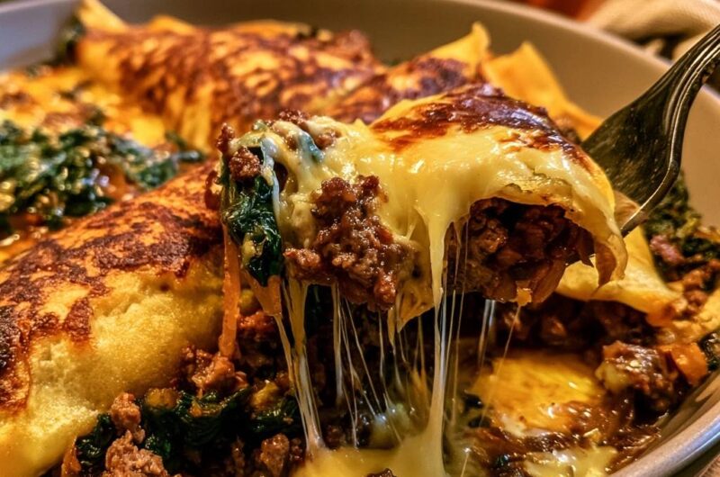 Cheesy Beef and Spinach Crepe Bake